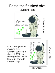 Luminous astronaut toilet sticker size 30x30cm showing application and layout details