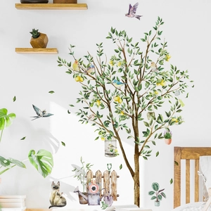 Detailed wall sticker set with a lemon tree, birds, and cats in a cozy bedroom setting