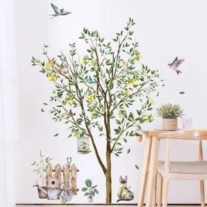 Detailed view of watercolor lemon tree wall stickers with cats and garden fence decor