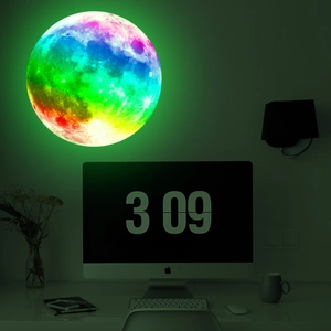 Luminous rainbow moon wall sticker glowing with colorful lunar textures in home office
