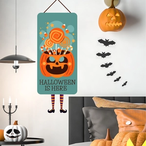 Halloween hanging sign with pumpkin candy and purple witch legs for wall decor