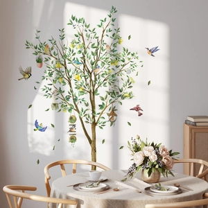 Vibrant lemon tree wall decal with colorful birds and birdcages for home decoration
