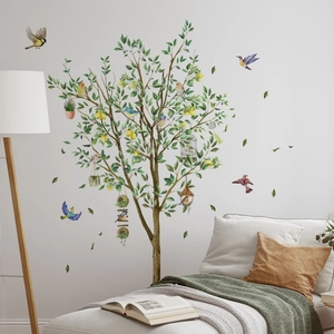 Watercolor lemon tree wall decal with colorful birds for modern living room decor