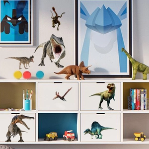 Luminous dinosaur wall stickers featuring T-Rex and Triceratops on a white cabinet