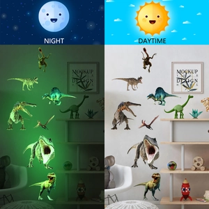 Luminous dinosaur wall stickers showing realistic neon green glow and daytime color effects