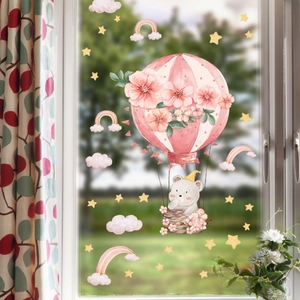Watercolor hot air balloon and bear double-sided static window stickers for nursery