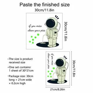 Luminous astronaut toilet stickers set with 30x30cm layout and size chart details