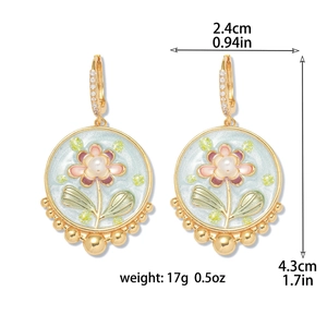 Vintage floral enamel earrings with freshwater pearls and blue oil painting style charms