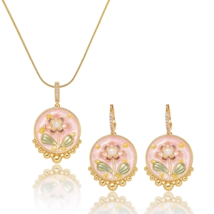 Floral enamel jewelry set with freshwater pearl necklace and matching drop earrings