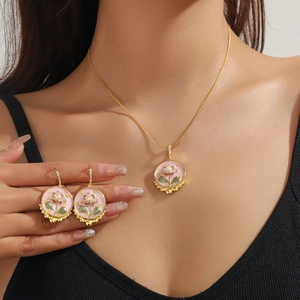 Floral garden jewelry set with pink enamel freshwater pearls and gold necklace earrings
