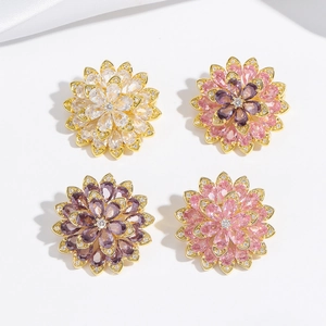 Crystal daisy flower brooch pins in white, pink, and purple with gold plating for women