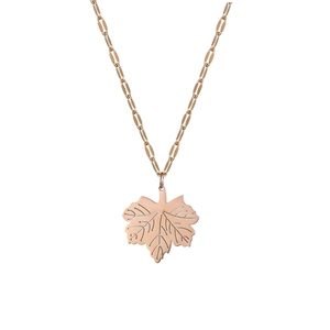 Minimalist leaf pendant necklace in rose gold finish with textured maple leaf detail