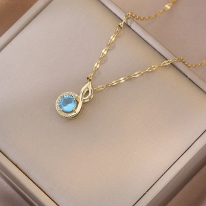 Sky Blue Gemstone Pendant Necklace Titanium Steel Round Zircon Inlaid Infinity Design Elegant Jewelry For Women