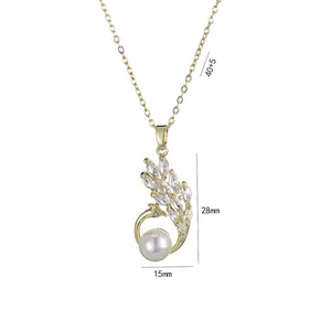 Elegant gold swan necklace with marquise zircons and white round pearl pendant