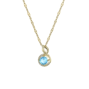 Elegant gold necklace with a light blue round zircon pendant and crystal halo on white background