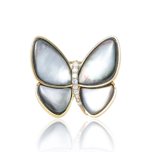 Macro view of butterfly brooch with dark shell wings, gold plating and zircon body