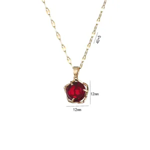 Elegant gold titanium necklace featuring a red zircon rose pendant with 12mm round charm