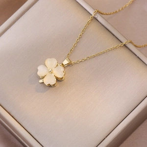 Collier Pendentif Fleur Trèfle En Acier Titane Avec Pierre Oeil De Chat Strass Bijoux Élégants Pour Femmes Plaqué Or