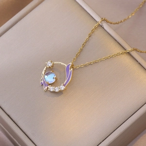 Collier Pendentif Couronne Acier Titane Rond Creux Fleur Zircon Émail Violet Pierre De Lune Bijoux Pour Femmes