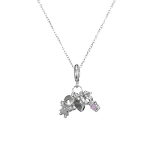 Silberkette mit Engel-Zirkon, Herz-Anhänger mit Gravur und rosa Emaille-Schuh