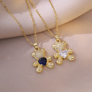 Collier Pendentif Ours Coeur Acier Inoxydable Zircon Cubique Bijoux De Mode Pour Femmes Design Animal Élégant