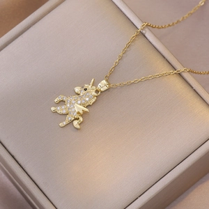 Einhorn Anhänger Halskette Edelstahl Vergoldet Zirkon Eingelegt Eleganter Modeschmuck Für Damen