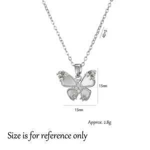 Collier papillon élégant en acier inoxydable argenté avec incrustation de zircon et nacre