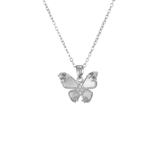 Élégant collier papillon argenté avec pierres de zircon et incrustation en nacre blanche