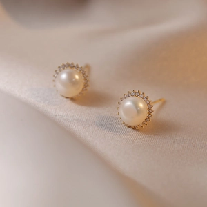 Elegant Freshwater Pearl Stud Earrings With Cubic Zirconia Sunflower Halo Gold Tone Jewelry For Women