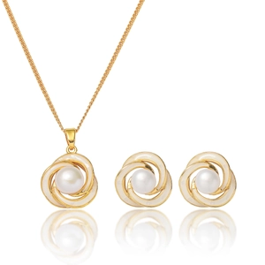Parure de Bijoux Élégante en Acier Titane Perle Artificielle Collier Pendentif Pétale de Fleur Boucles d'Oreilles Assorties Or