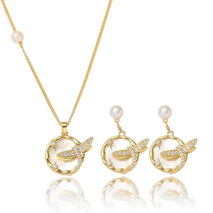 Parure Collier Boucles d'Oreilles Libellule en Acier Titane Vintage Français Perle d'Eau Douce Zirconia Coquille d'Abalone