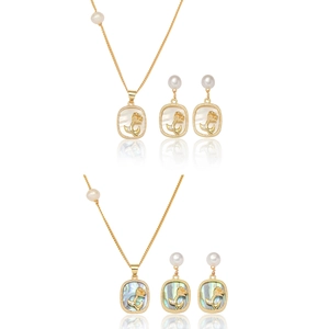 Rétro Acier Titane Rose Coquille Collier Strass Perle Artificielle Pendentif Boucles d'Oreilles Ensemble de Bijoux pour Femmes