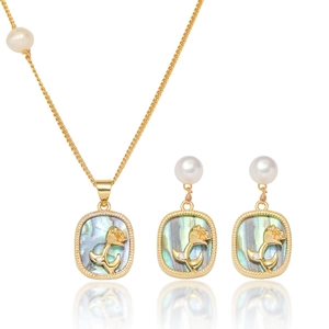 Parure de bijoux en acier titane avec pendentif rose, nacre d'abalone et perles