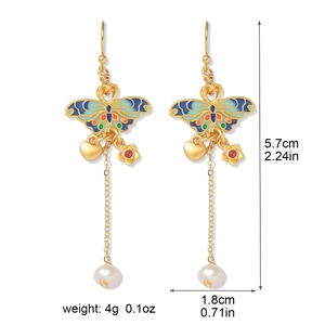 Golden butterfly earrings with colorful enamel and white pearls, 5.7cm long and 1.8cm wide