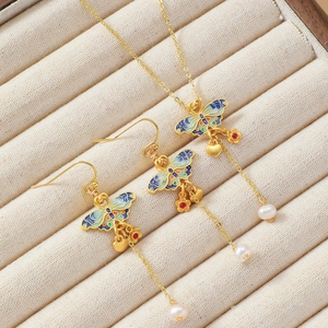 Vintage Enamel Butterfly Pendant Necklace And Dangle Earrings Jewelry Set Gold Plated Stainless Steel Pearl Charm Jewelry