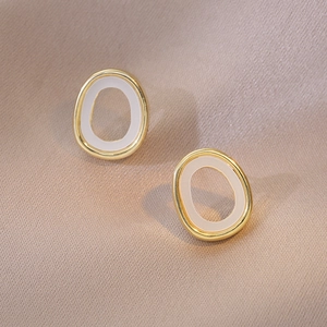 Geometric Oval Hoop Earrings With 925 Sterling Silver Earring Post Copper Gold Plated Enamel Inlay Minimalist For Women