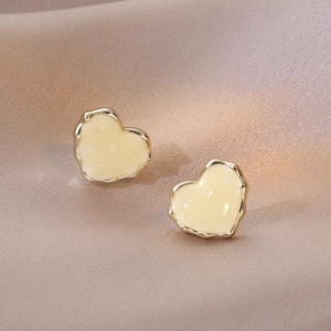 Heart Shaped Stud Earrings Copper Gold Plated Shell Enamel Inlay Irregular Organic Design Korean Style Jewelry For Women