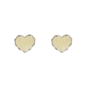 Minimalist gold heart stud earrings with shimmering shell inlay and iridescent details