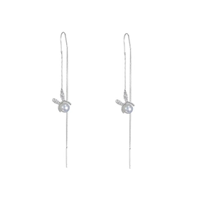 Silver rabbit drop earrings with white pearl and sparkling zircon butterfly tassels