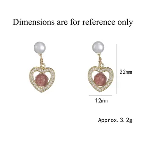 Golden heart earrings with red stone, freshwater pearls and size dimension info