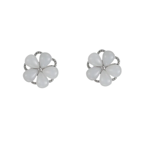 Elegant rotating cat eye stone flower earrings with sparkling zircons and silver finish