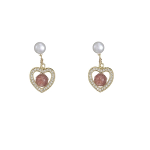 Elegant heart-shaped earrings with freshwater pearls and strawberry quartz dangles
