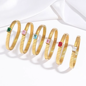 Set of six gold stretch bracelets with colorful rectangular marquise zircon gemstones