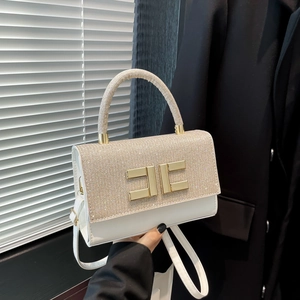 Women Fashion PU Leather Handbag With Glitter Splicing Metal Buckle Elegant Commuting Shoulder Bag Small Square Bag
