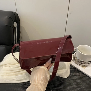 Women Fashion Minimalist Patent Leather PU Armpit Bag Solid Color Shoulder Baguette Handbag Elegant Daily Commuting Purse