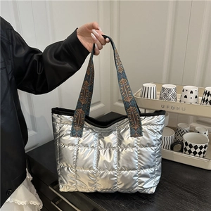 Women Quilted Padded Tote Bag Metallic Puffer Handbag Large Capacity Ethnic Style Wide Strap Casual Fashion Shoulder Bag