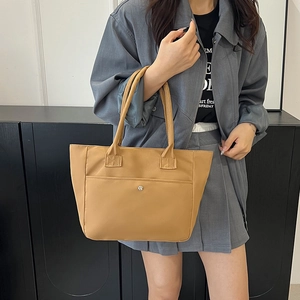 Versatile khaki nylon tote bag for women with front button pocket and large capacity