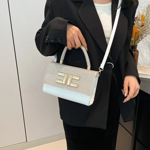 Elegant white and silver sequin small square bag with golden logo and crossbody strap