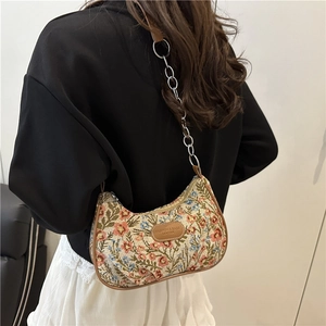 Floral embroidery crescent bag in beige jacquard with silver chain strap and leather trim