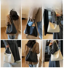 Multiple views showing a large faux leather tote bag worn as a shoulder and handbag